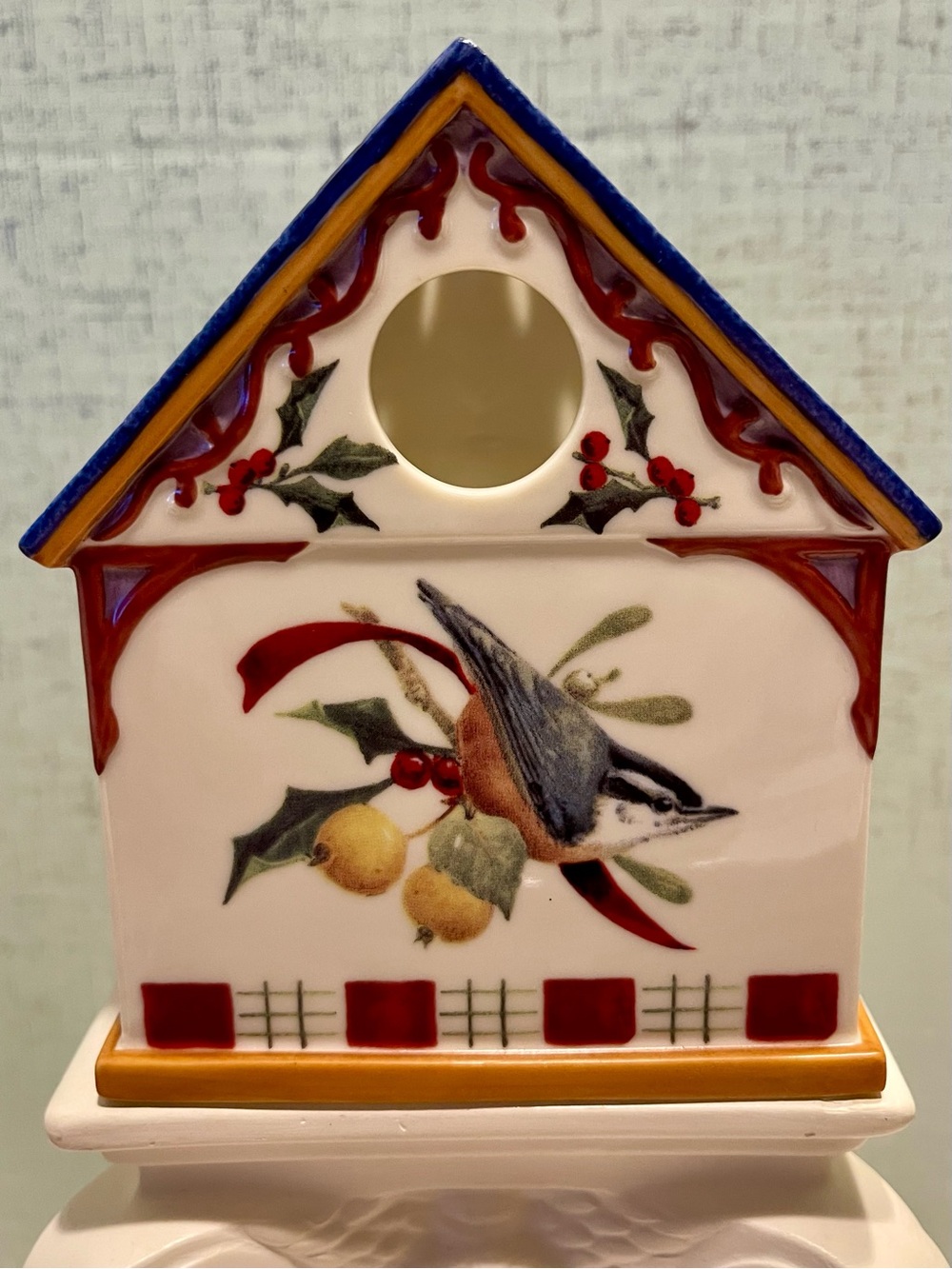 VINTAGE Lenox Winter Greetings Ceramic Votive Holder NUTHATCH BIRD EUC